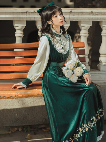 レディース 中世農民風ドレス パフスリーブ ベルベット パッチワーク ヴィンテージドレス