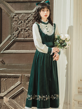 レディース 中世農民風ドレス パフスリーブ ベルベット パッチワーク ヴィンテージドレス