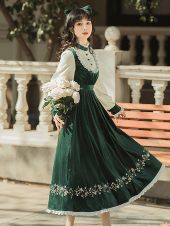 レディース 中世農民風ドレス パフスリーブ ベルベット パッチワーク ヴィンテージドレス