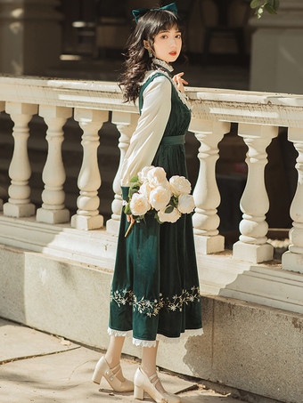 レディース 中世農民風ドレス パフスリーブ ベルベット パッチワーク ヴィンテージドレス