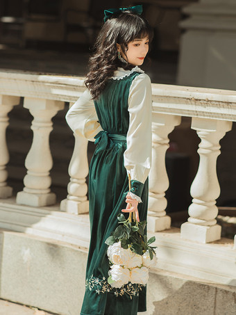 レディース 中世農民風ドレス パフスリーブ ベルベット パッチワーク ヴィンテージドレス