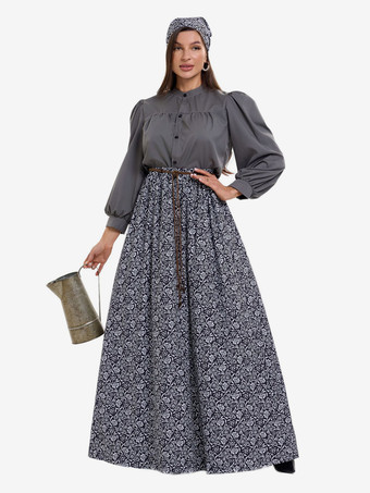 グレイイスラム教徒の女性のための植民地時代の衣装、ブラウスと花柄スカートの2点セット、農場のレトロなコスプレ衣装