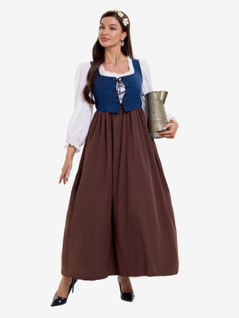 ブルー 中世のレトロな農民服、植民地時代の村メイド服コスプレ衣装