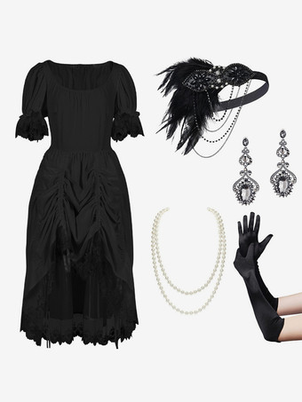 ブラック レディース ビクトリアンドレス 5ピース レース 半袖 コートドレス シアターコスチューム