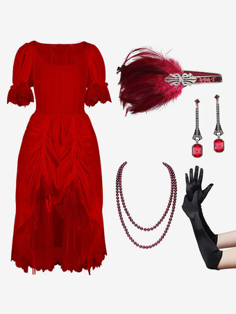 レッド レディース ビクトリアンドレス 5ピース レース 半袖 コートドレス シアターコスチューム