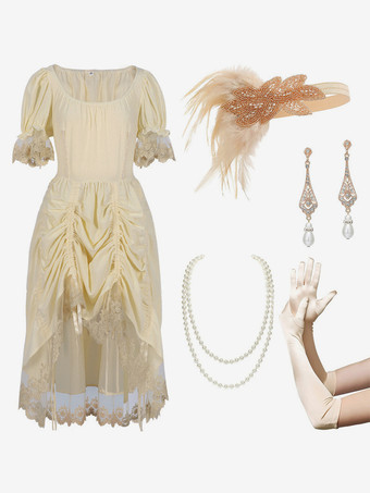 アイボリー レディース ビクトリアンドレス 5ピース レース 半袖 コートドレス シアターコスチューム