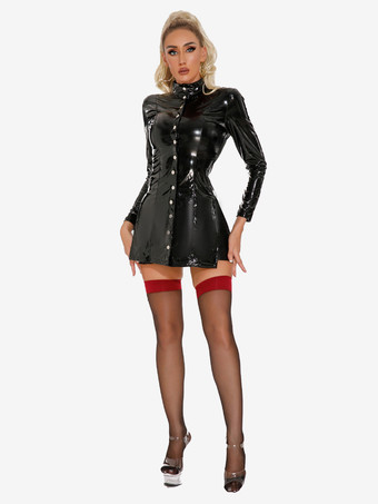ブラック レディース セクシー PUレザー ボディスーツ ボタンアップ キャットスーツ 長袖 ボディコン ウェットルック クラブウェア ドレス