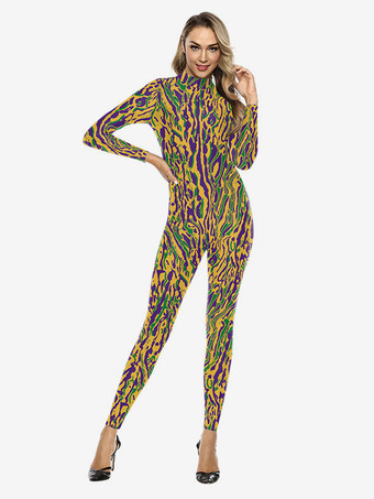 イエローパターニング全身タイツ 全身タイツ カラーブロックプリント ジャンプスーツ コスプレ ハロウィン ボディスーツ