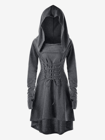 グレイレディース ルネッサンス コスチューム フード付きローブ レースアップ ヴィンテージ プルオーバー ハイロー ロング パーカードレス 中世ゴシック マント
