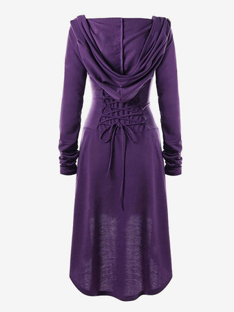 パープル レディース ルネッサンス コスチューム フード付きローブ レースアップ ヴィンテージ プルオーバー ハイロー ロング パーカードレス 中世ゴシック マント