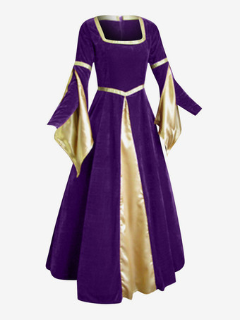 パープル 女性用ヴィンテージベルベットドレス、中世ルネッサンス風コスチューム、ビクトリア朝風アイルランドロングドレス