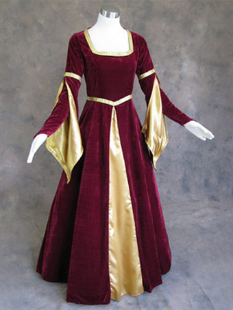 ワインレッド 女性用ヴィンテージベルベットドレス、中世ルネッサンス風コスチューム、ビクトリア朝風アイルランドロングドレス