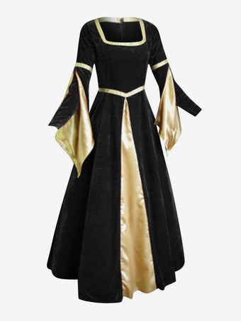 ブラック 女性用ヴィンテージベルベットドレス、中世ルネッサンス風コスチューム、ビクトリア朝風アイルランドロングドレス