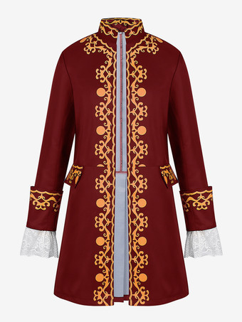 ワインレッド 男性用レトロロングトップス 中世ルネッサンス風 長袖プリント コスプレ衣装