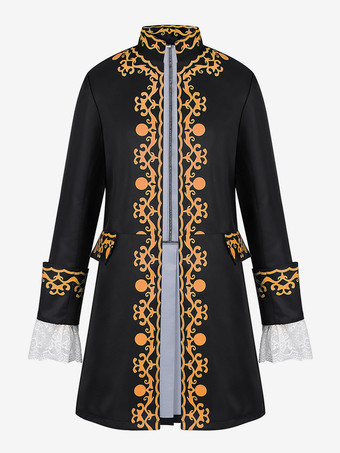 ブラック 男性用レトロロングトップス 中世ルネッサンス風 長袖プリント コスプレ衣装