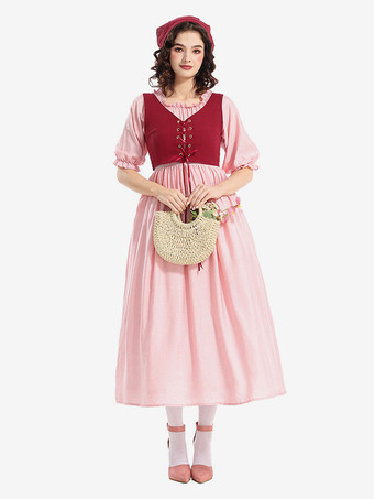 ピンク中世ルネッサンス風ドレス（女性用） ヴィンテージ アイルランド風オーバードレス ボヘミアン風コスチュームセット