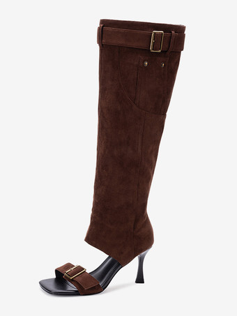 ブラウンスエードハイヒールブーツ フリップフロップ バックルディテール サンダルブーツ