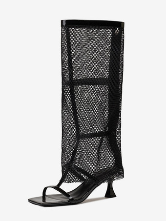 ブラック キトンヒールサンダルブーツ メッシュオープントゥサンダル レディース
