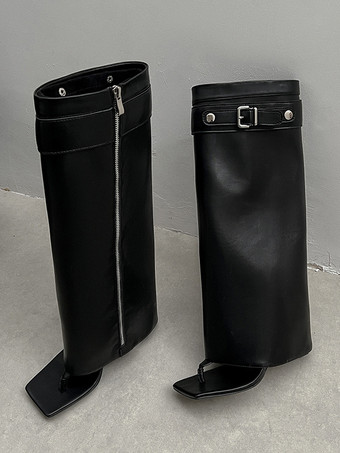 ブラック フリップフロップブーツ レディース バックルディテール ハイヒール サンダルブーツ