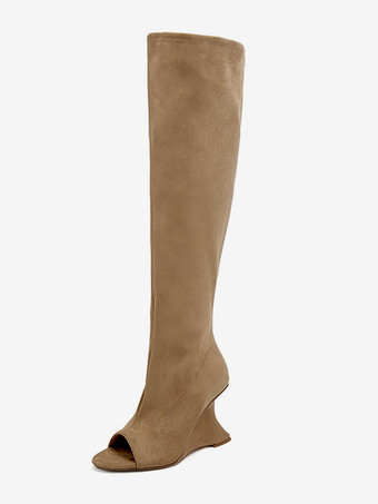 アプリコットハイヒールブーツ スエード ピープトゥデザインヒール オーバーニーブーツ