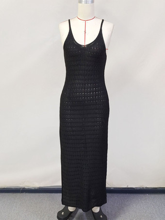 ブラック サイドスリット入りクロシェニットマキシスリップドレスカバーアップ 2025