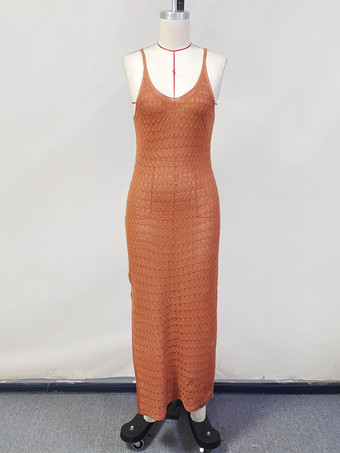 オレンジサイドスリット入りクロシェニットマキシスリップドレスカバーアップ 2025