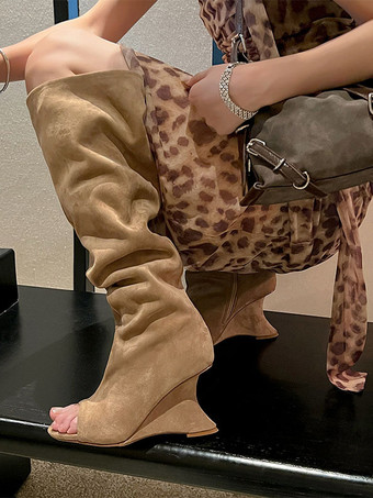 ハイヒールブーツ スエード ピープトゥデザインヒール オーバーニーブーツ