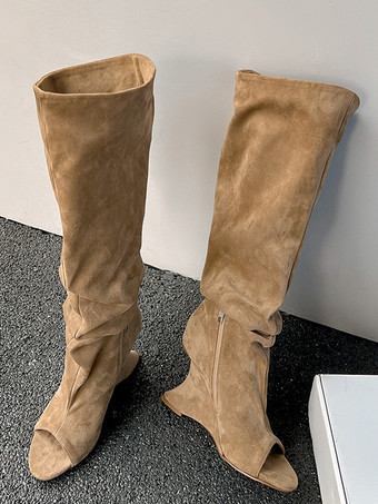 ハイヒールブーツ スエード ピープトゥデザインヒール オーバーニーブーツ