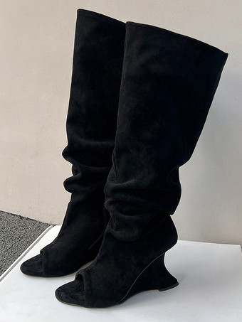 ハイヒールブーツ スエード ピープトゥデザインヒール オーバーニーブーツ