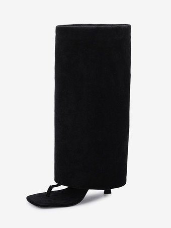 ブラック フリップフロップブーツ スエードトングハイヒールサンダルブーツ レディース