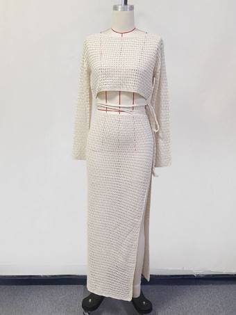 クロシェ編みのツーピースコーデセット 長袖クロップトップとハイスリットスカート ビーチカバーアップ 2025