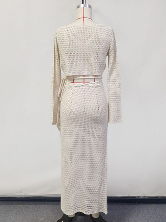 クロシェ編みのツーピースコーデセット 長袖クロップトップとハイスリットスカート ビーチカバーアップ 2025