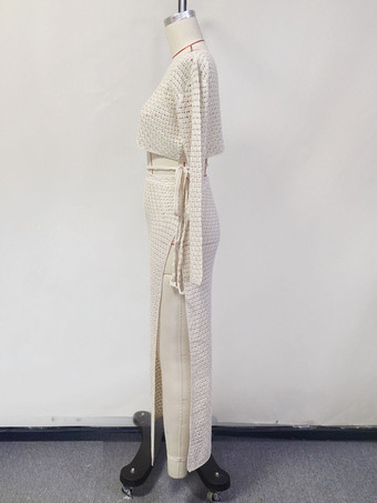 クロシェ編みのツーピースコーデセット 長袖クロップトップとハイスリットスカート ビーチカバーアップ 2025