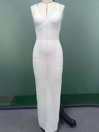 ホワイトクロシェマキシドレス ノースリーブ Vネック ハイスリット ビーチカバーアップ 2025