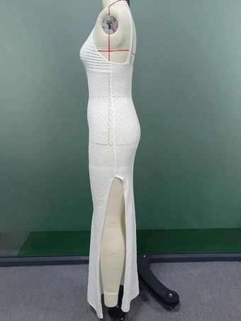 ホワイトクロシェマキシドレス ノースリーブ Vネック ハイスリット ビーチカバーアップ 2025