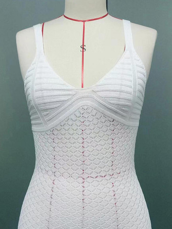 ホワイトクロシェマキシドレス ノースリーブ Vネック ハイスリット ビーチカバーアップ 2025