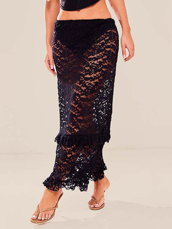 ブラック 2025年夏のビーチにぴったりのレースロングスカートカバーアップ