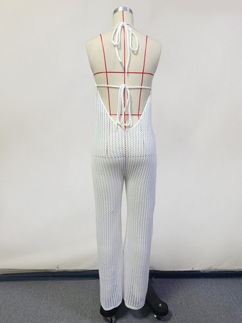 2025年夏にぴったりの、ホワイトクロシェ編みのジャンプスーツ（ホルターネック、タイフロント）ビーチウェア