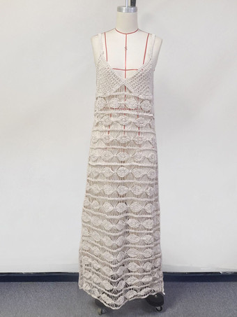 2025年夏にぴったりのクロシェ編みロングカバーアップVネックストラップビーチウェア