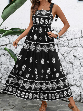 コントラストカラーの幾何学模様ノースリーブロングボヘミアンドレス 2025