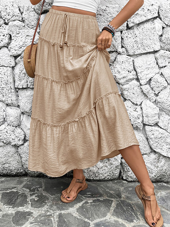 カーキのレイヤードAラインロングスカート 2025