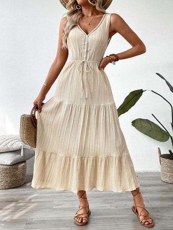 プリーツ入りノースリーブロングボヘミアンドレス（レディース）2025