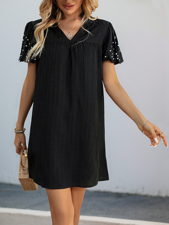 ラインストーン付きショートスリーブVネックブラックシフトミニドレス2025