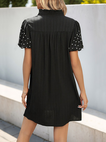 ラインストーン付きショートスリーブVネックブラックシフトミニドレス2025