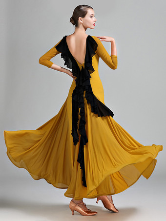 イエローレディースダンスドレス バックレス ビッグスイング スタンダード 社交ダンスコスチューム バックフリルデザイン タンゴドレス ワルツダンスウェア
