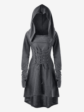 グレイ女性用中世ルネッサンスドレス フード付きローブ エルフ ハロウィンコスプレ用