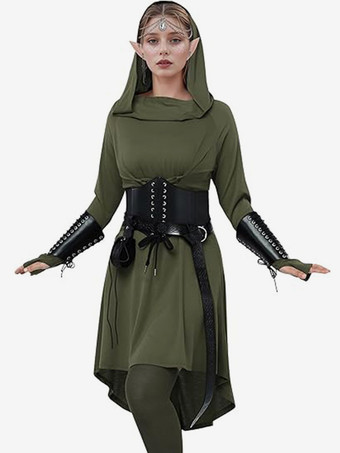 ダークグリーン女性用中世ルネッサンスドレス フード付きローブ エルフ ハロウィンコスプレ用