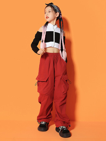 ワインレッド キッズジャズダンスコスチューム ストリートヒップホップラッパー トレンディ クール ファッショナブル ヒップホップパフォーマンス衣装