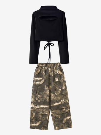 キッズジャズダンス衣装 2ピース 長袖トップスと迷彩パンツ ヒップホップスーツ