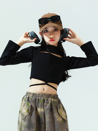 キッズジャズダンス衣装 2ピース 長袖トップスと迷彩パンツ ヒップホップスーツ